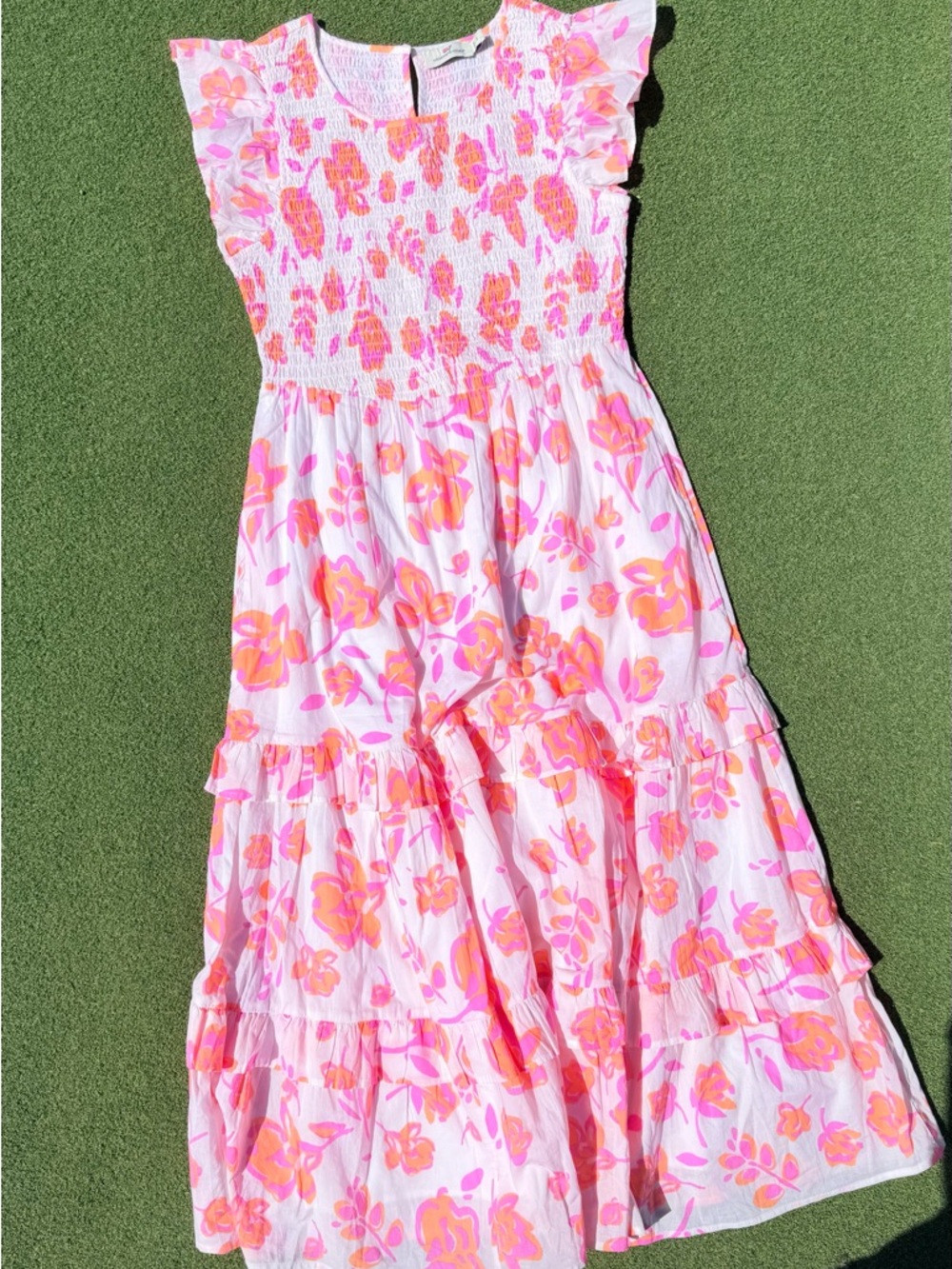 Vineyard VineSmocked Summer Blues Floral Maxi Dress with Pink and Orange Accents